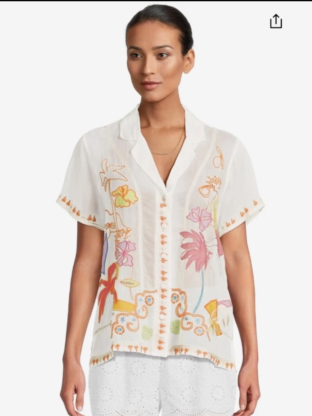 Johnny Was Piper Appliqué Button Down Shirt Natural Embroidery Size Small NWT